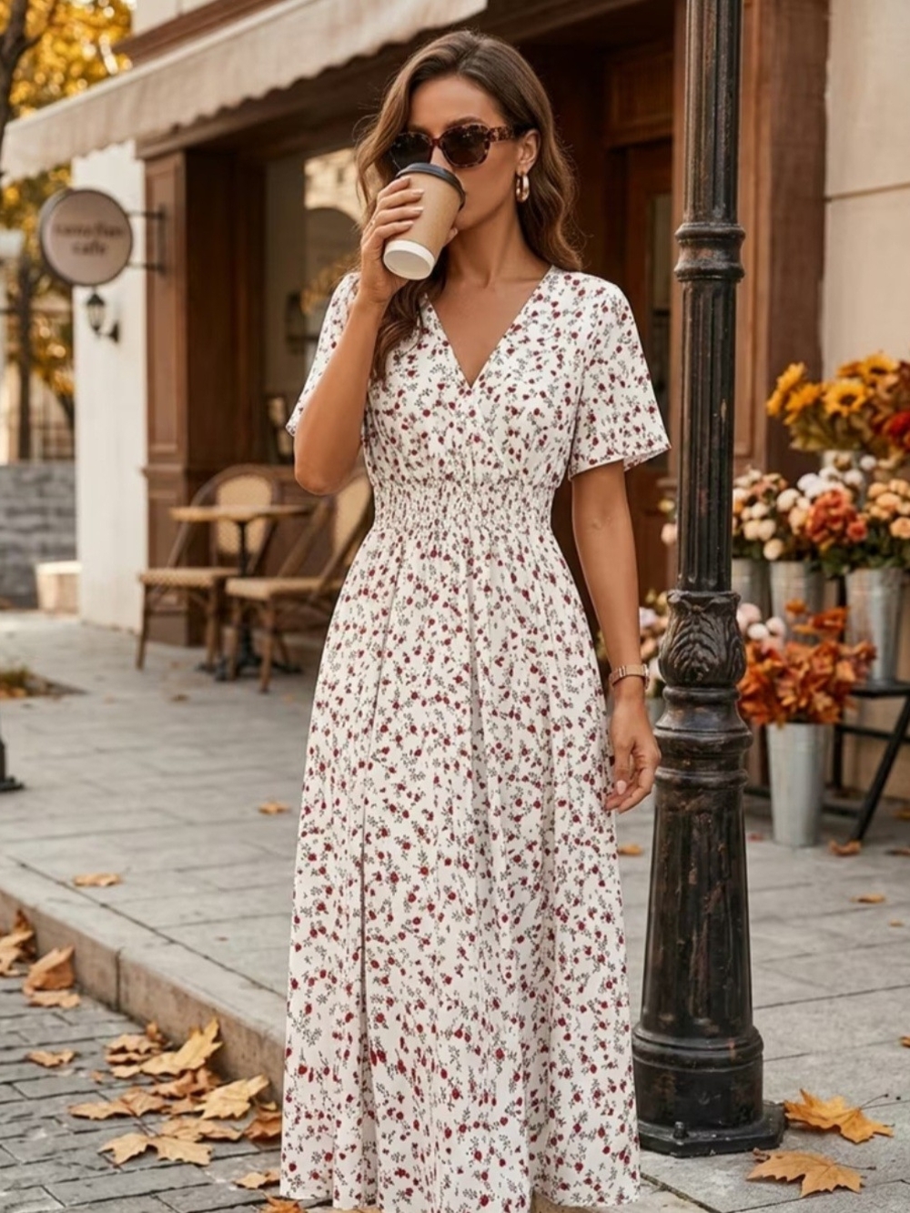 Women's White Floral Midi Dress with Shirred Waist